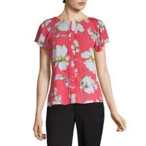 🔺️Worthington Coral Pink & White Floral Print Short Sleeve Top Petite Large